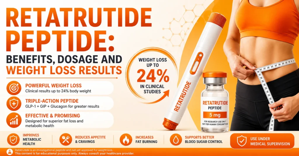 Retatrutide peptide featured image showing weight loss benefits, dosage information, peptide injection pen, and clinical weight loss results in an orange medical theme.