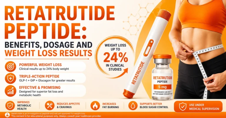Retatrutide peptide featured image showing weight loss benefits, dosage information, peptide injection pen, and clinical weight loss results in an orange medical theme.