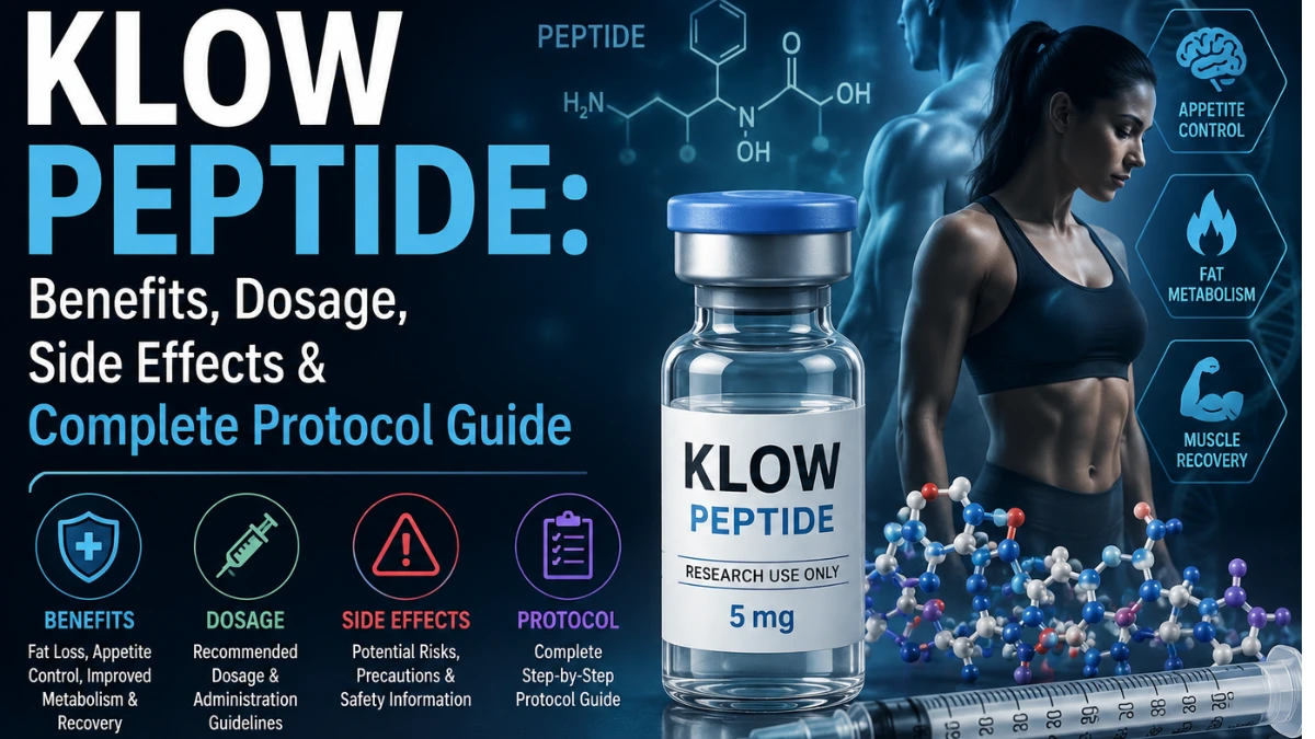 KLOW peptide vial with syringe and molecular structure showing benefits, dosage, side effects and protocol guide in a scientific medical theme