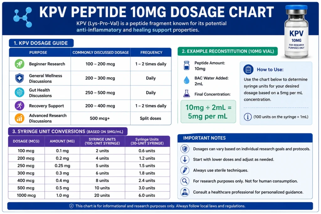 KPV Peptide 10mg dosage chart infographic showing peptide dosage guide, reconstitution instructions, syringe unit conversions, BAC water mixing ratios, and peptide concentration calculations.