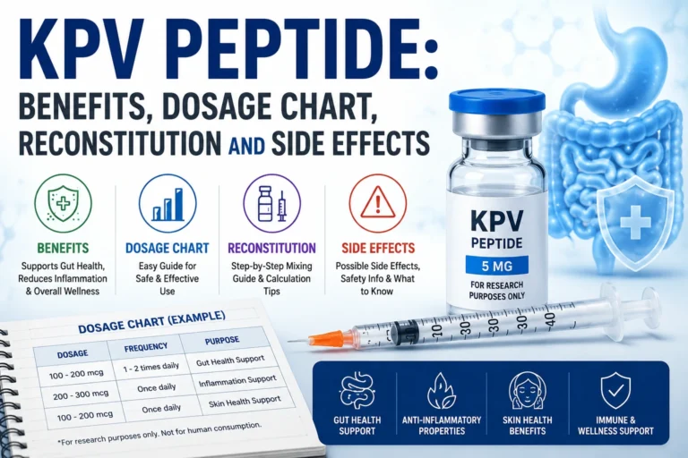 KPV peptide infographic showing benefits, dosage chart, reconstitution guide, and side effects for gut health, inflammation support, and peptide research