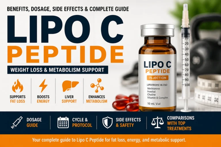 Lipo C peptide injection vial with syringe showing benefits, dosage, side effects, fat loss support, metabolism enhancement, and complete protocol guide