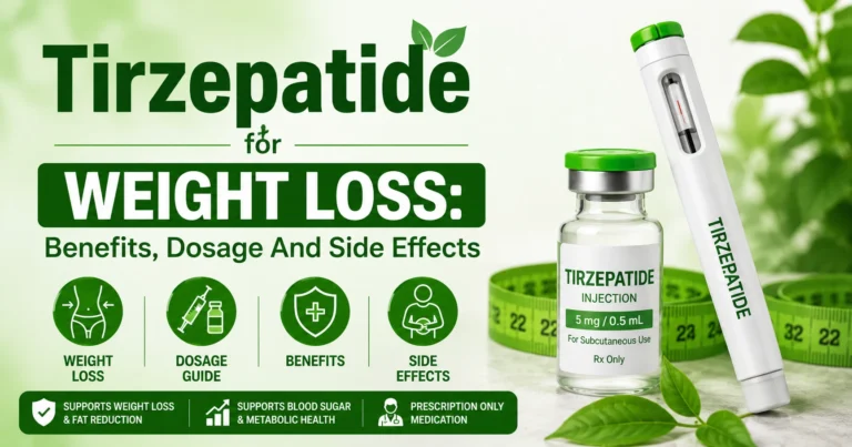 Tirzepatide for weight loss infographic showing benefits, dosage guide, side effects, injection pen, weight management support, and GLP-1 medication information in a green medical theme.