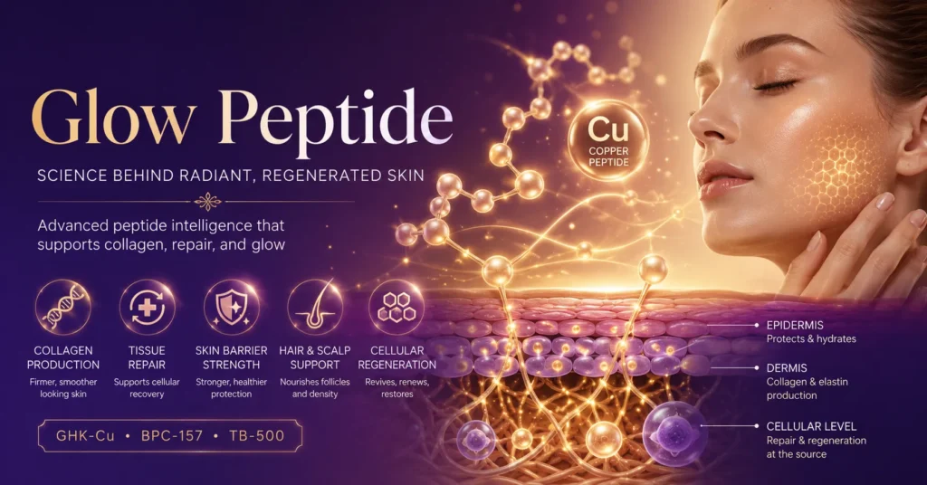 Glow Peptide illustration showing peptide molecules, collagen production, copper peptides, and cellular skin regeneration for radiant youthful skin