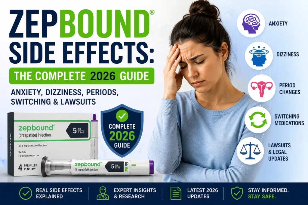 Zepbound side effects guide 2026 showing anxiety, dizziness, period changes, medication switching, lawsuits, and tirzepatide injection information for weight loss patients.