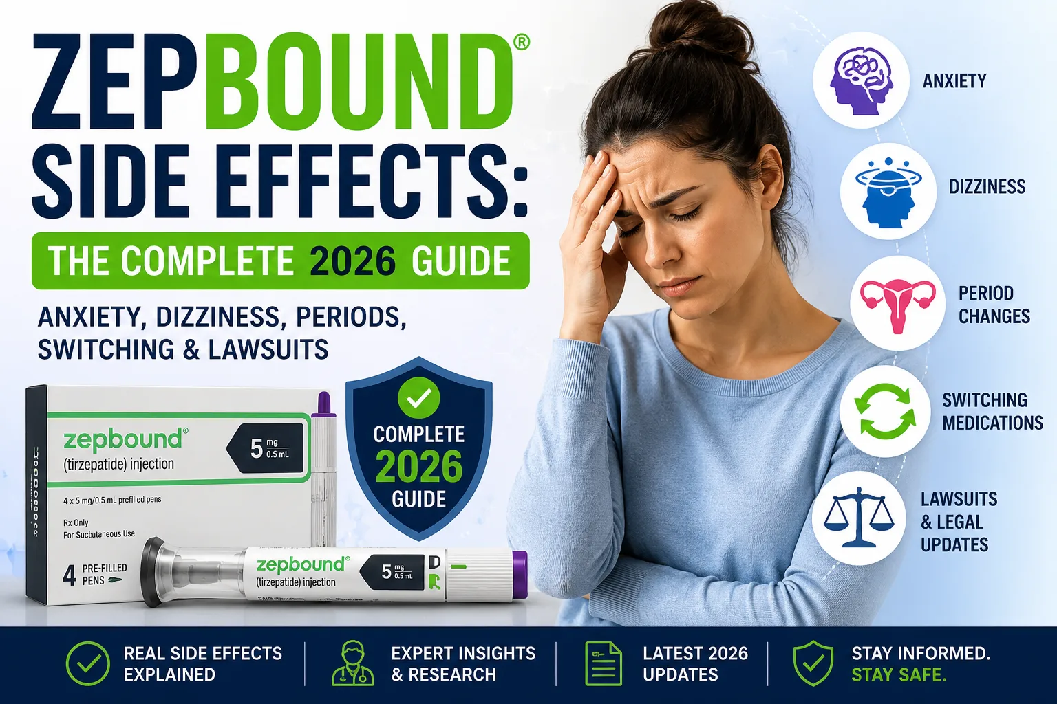Zepbound side effects guide 2026 showing anxiety, dizziness, period changes, medication switching, lawsuits, and tirzepatide injection information for weight loss patients.